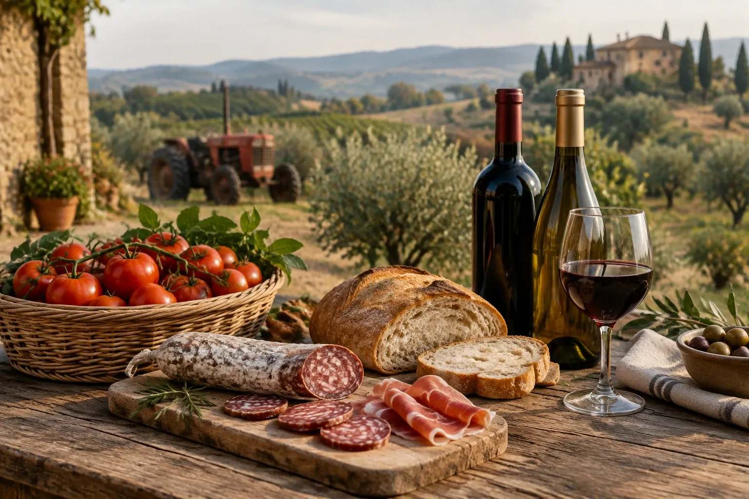 Cesto di pomodori, salumi affettati, pane, bottiglie di vino e calice su tavolo rustico