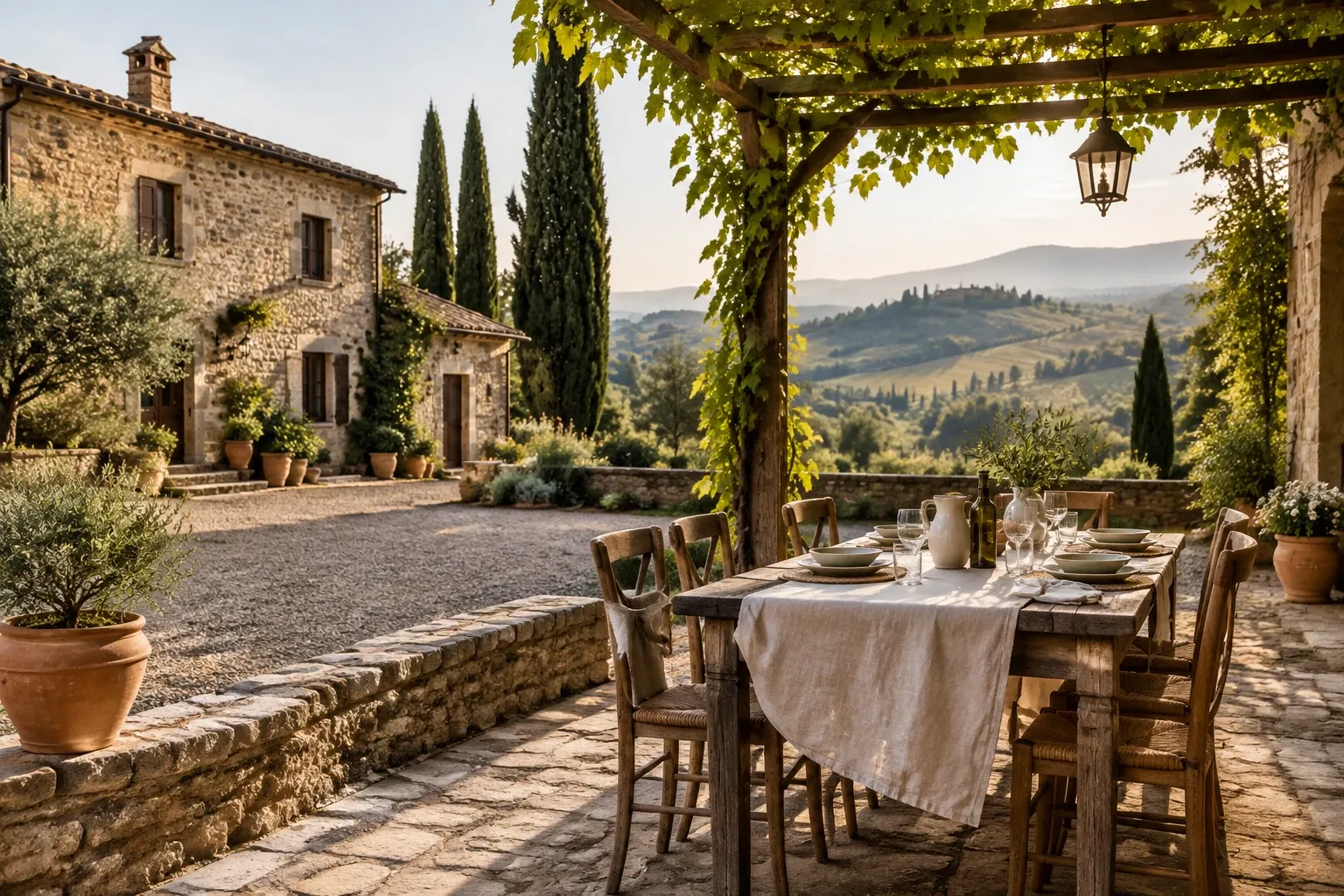 Tavola apparecchiata all'aperto sotto pergola, casale in pietra e colline toscane sullo sfondo