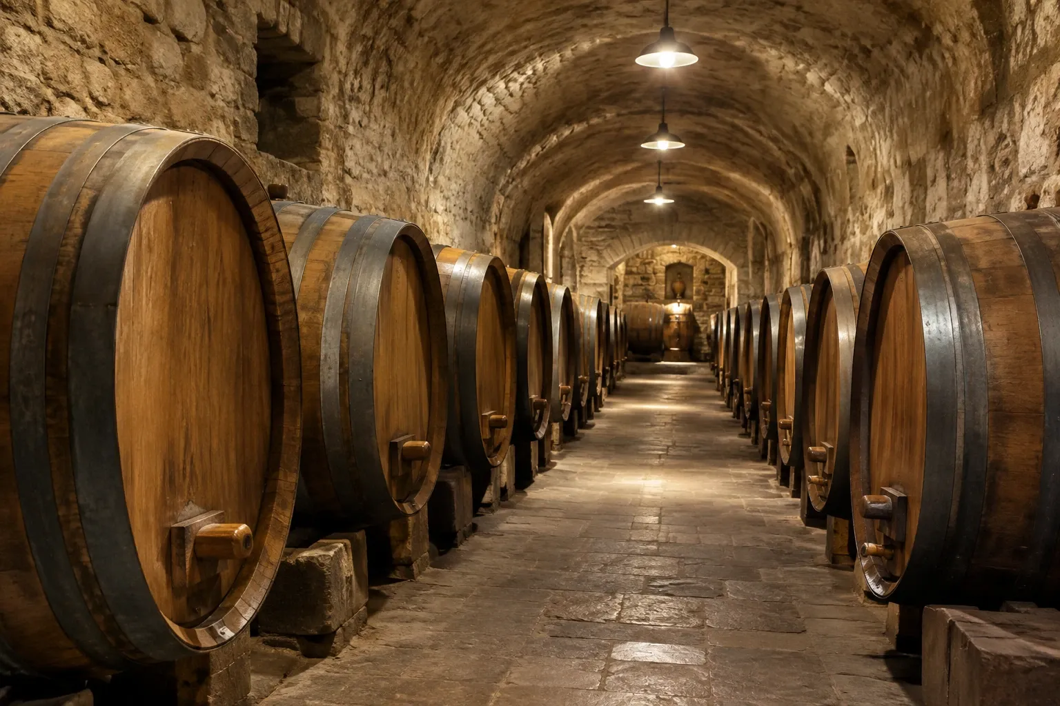 Cantina sotterranea con fila di grandi botti di legno illuminate da lampade sospese