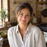Donna dai capelli castani raccolti, in camicia di lino, sorride in una cucina di campagna.
