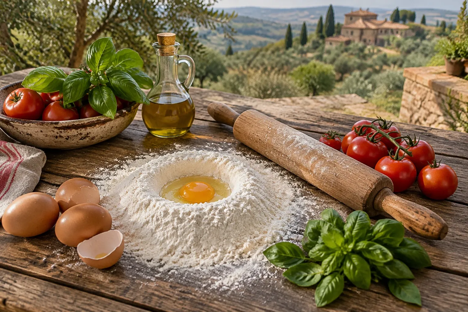 Impasto per pasta con farina, uovo, mattarello, pomodori e basilico su tavolo rustico