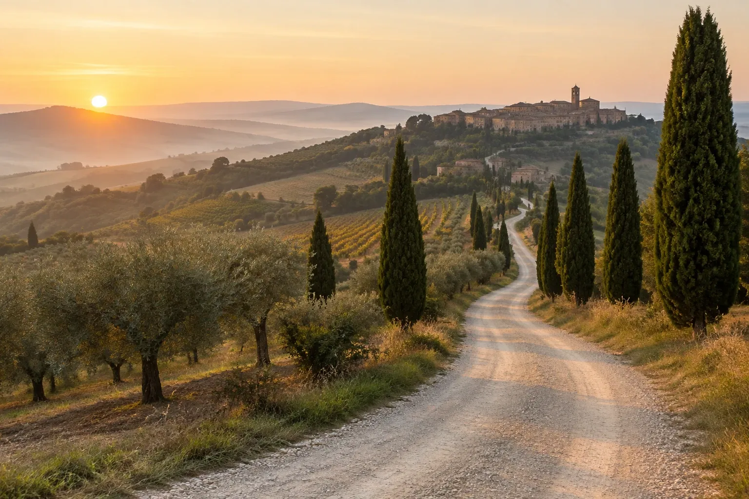 Strada bianca tra cipressi e uliveti verso borgo toscano al tramonto