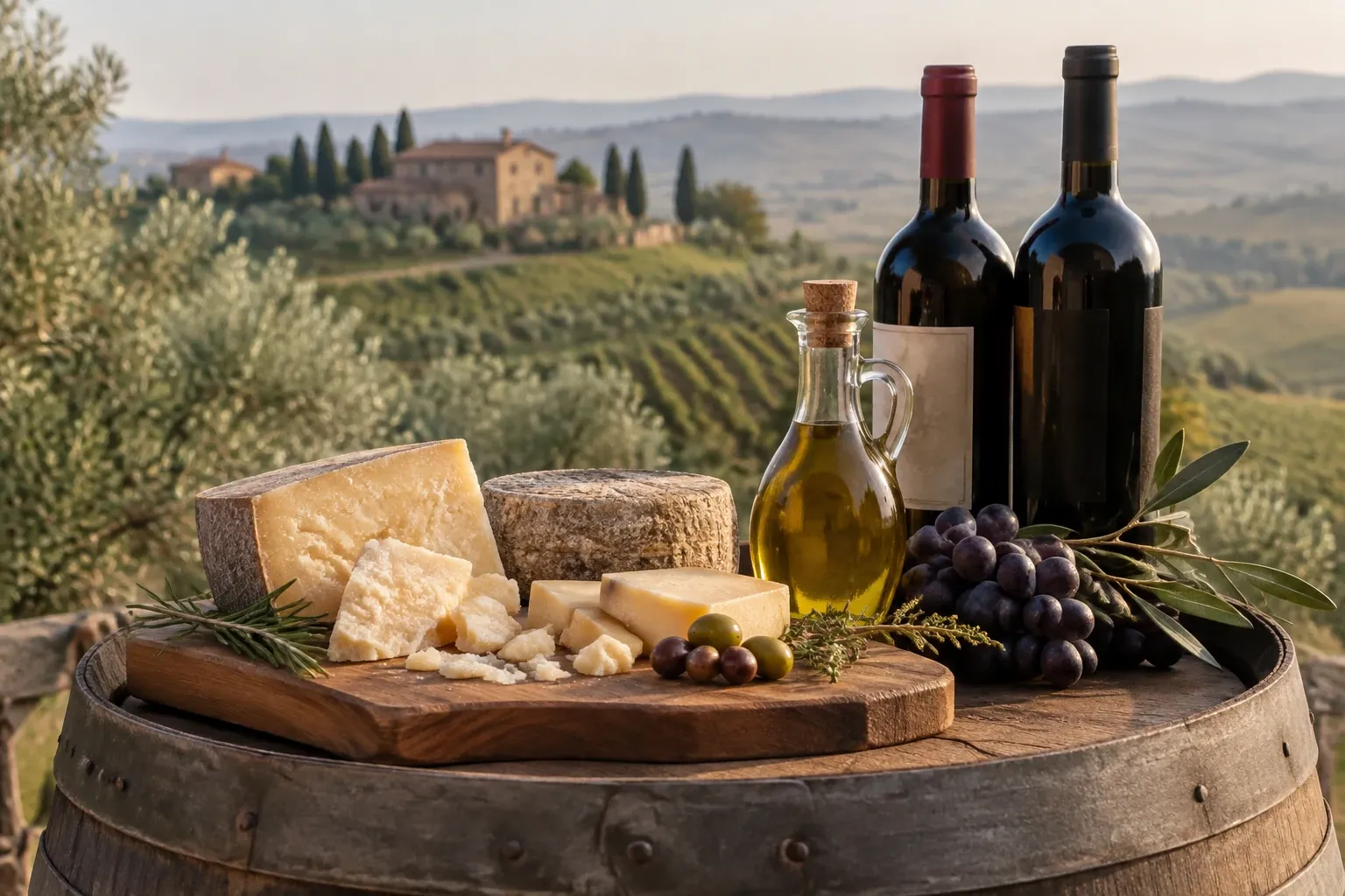 Tagliere con formaggi stagionati, olive, olio e due bottiglie di vino sulla botte, colline toscane sullo sfondo