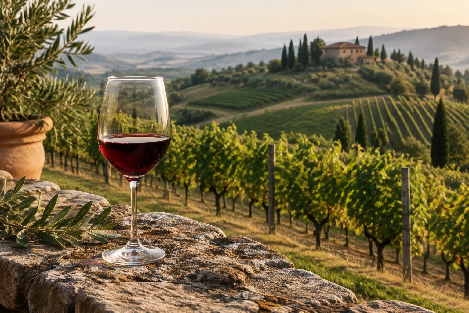 Bicchiere di vino rosso su muretto davanti a vigneto collinare toscano al tramonto